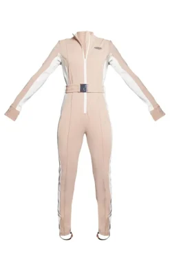 PRETTYLITTLETHING Plus Beige Belted Fitted Scuba Suit