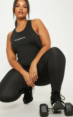 PRETTYLITTLETHING Plus Black Embroidered Tank Top