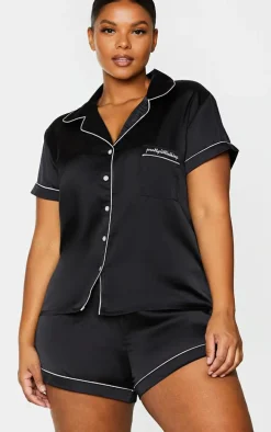PRETTYLITTLETHING Plus Black Satin Pocket PJ Set