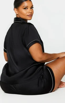 PRETTYLITTLETHING Plus Black Satin Pocket PJ Set