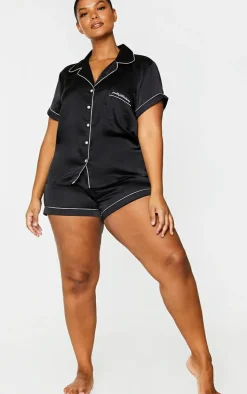 PRETTYLITTLETHING Plus Black Satin Pocket PJ Set