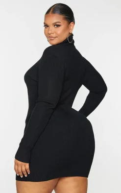 PRETTYLITTLETHING Plus Black Rib Knitted Bodycon Dress