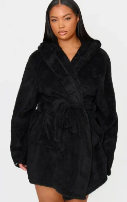 PRETTYLITTLETHING Plus Black Fluffy Bath Robe