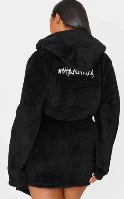 PRETTYLITTLETHING Plus Black Fluffy Bath Robe
