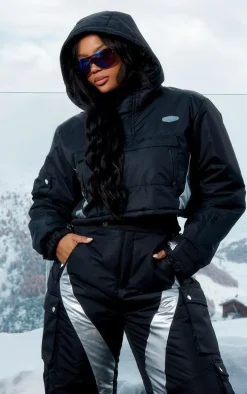 PRETTYLITTLETHING Plus Black Reflective Panel Pull Over Cropped Puffer Coat