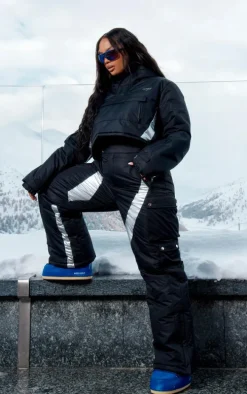 PRETTYLITTLETHING Plus Black Reflective Panel Pull Over Cropped Puffer Coat