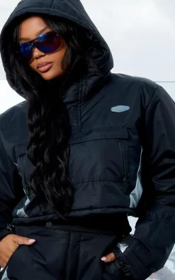 PRETTYLITTLETHING Plus Black Reflective Panel Pull Over Cropped Puffer Coat