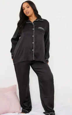PRETTYLITTLETHING Plus Black Satin Long PJ Set