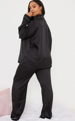 PRETTYLITTLETHING Plus Black Satin Long PJ Set