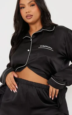 PRETTYLITTLETHING Plus Black Satin Long PJ Set