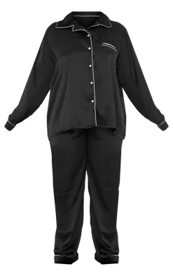 PRETTYLITTLETHING Plus Black Satin Long PJ Set