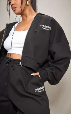 PRETTYLITTLETHING Plus Black Printed Premium Zip Front Hoodie