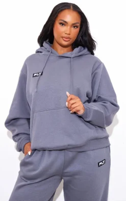 PRETTYLITTLETHING Plus Charcoal Logo Badge Detail Oversized Hoodie