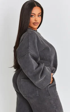 PRETTYLITTLETHING Plus Charcoal Washed Embroidered Oversized Sweatshirt