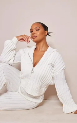 PRETTYLITTLETHING Plus Cream Zip Through Wide Rib Knitted Hoodie