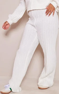 PRETTYLITTLETHING Plus Cream Ribbed Wide Leg Knitted Pants