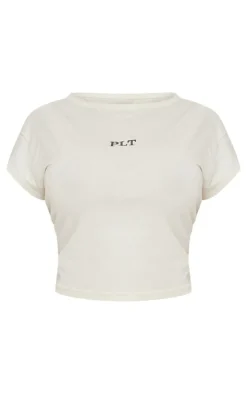 PRETTYLITTLETHING Plus Cream Contrast Embroidery Fitted Cap Sleeve T Shirt