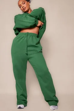 PRETTYLITTLETHING Plus Forest Green Logo Embroidered Wide Leg Sweatpants