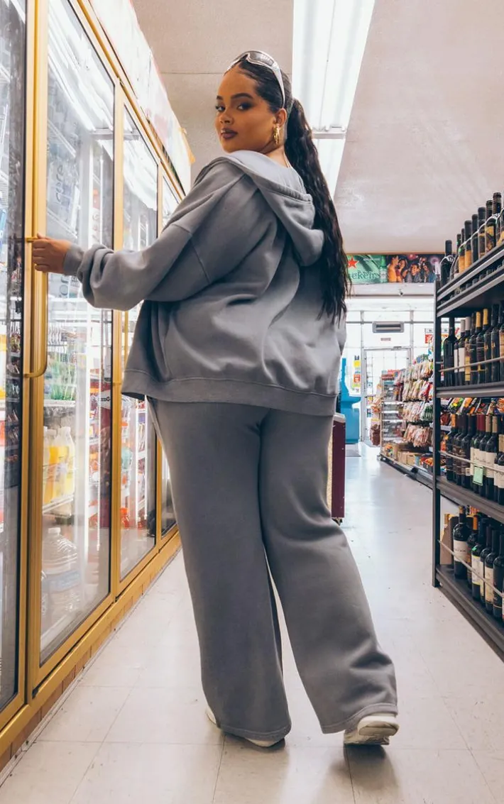 PRETTYLITTLETHING Plus Grey Washed Badge Detail Zip Up Hoodie