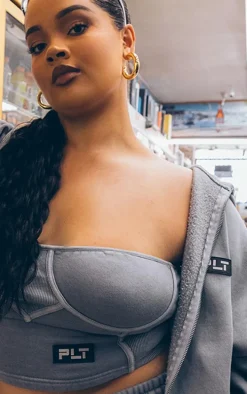 PRETTYLITTLETHING Plus Grey Washed Badge Detail Zip Up Hoodie