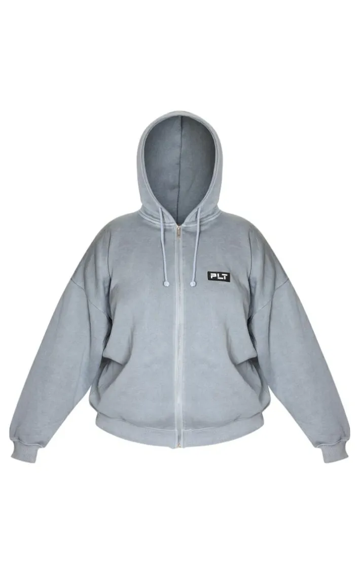 PRETTYLITTLETHING Plus Grey Washed Badge Detail Zip Up Hoodie