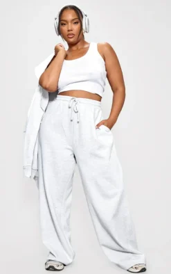 PRETTYLITTLETHING Plus Grey Premium Embroidered Wide Leg Oversized Sweatpants