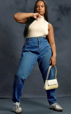 PRETTYLITTLETHING Plus Indigo Blue Wash High Rise Mom Jeans