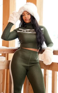 PRETTYLITTLETHING Plus Khaki Roll Neck Knit Ski Base Layer Top