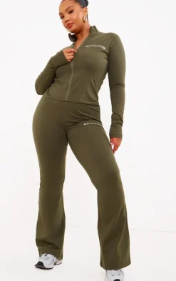 PRETTYLITTLETHING Plus Khaki Jersey Zip Through Long Sleeve Top