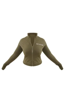 PRETTYLITTLETHING Plus Khaki Jersey Zip Through Long Sleeve Top