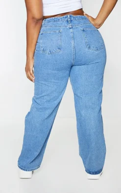PRETTYLITTLETHING Plus Mid Blue Ripped Straight Leg Jeans