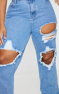 PRETTYLITTLETHING Plus Mid Blue Ripped Straight Leg Jeans
