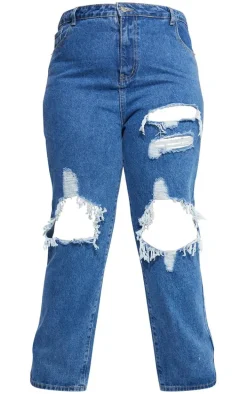 PRETTYLITTLETHING Plus Mid Blue Ripped Straight Leg Jeans