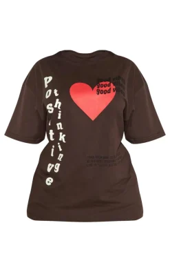 PRETTYLITTLETHING Plus Mocha Good Vibes Printed Oversized T-shirt