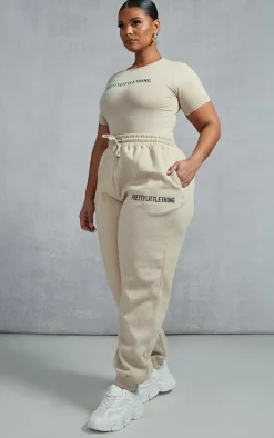 PRETTYLITTLETHING Plus Oatmeal High Waisted Cuffed Sweatpants