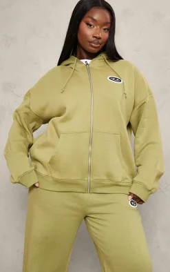PRETTYLITTLETHING Plus Olive Logo Badge Oversized Zip Through Hoodie