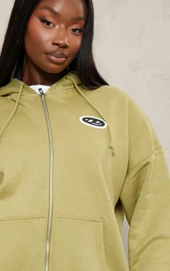 PRETTYLITTLETHING Plus Olive Logo Badge Oversized Zip Through Hoodie