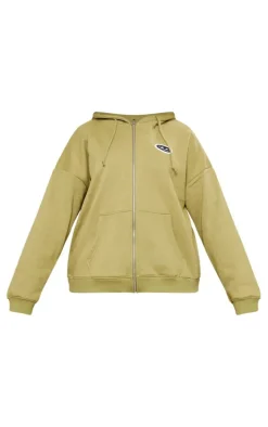 PRETTYLITTLETHING Plus Olive Logo Badge Oversized Zip Through Hoodie
