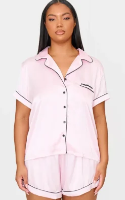 PRETTYLITTLETHING Plus Pink Satin Pocket PJ Set