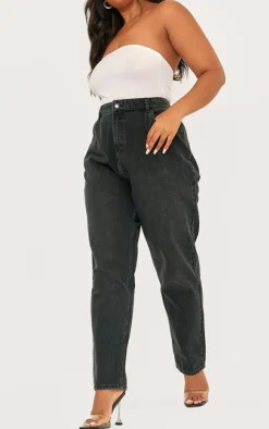 PRETTYLITTLETHING Plus Washed Black High Rise Mom Jeans