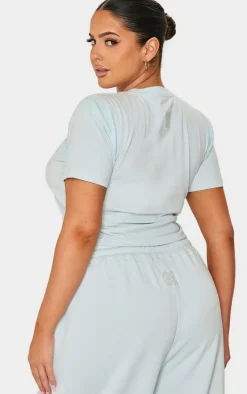 PRETTYLITTLETHING Plus Washed Blue Embroidered Rib Panel T Shirt