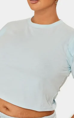 PRETTYLITTLETHING Plus Washed Blue Embroidered Rib Panel T Shirt