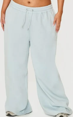 PRETTYLITTLETHING Plus Washed Blue Embroidered Wide Leg Sweatpants