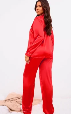 PRETTYLITTLETHING Red Contrast Piping Satin Long PJ Set