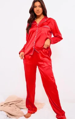 PRETTYLITTLETHING Red Contrast Piping Satin Long PJ Set