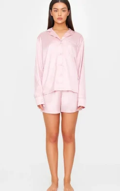 PRETTYLITTLETHING Rose Gold Satin Short Pj Set