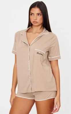 PRETTYLITTLETHING Sand Embroidered Jersey Piping Detail Short PJ Set