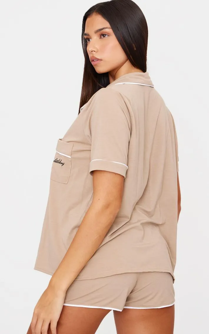 PRETTYLITTLETHING Sand Embroidered Jersey Piping Detail Short PJ Set