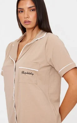 PRETTYLITTLETHING Sand Embroidered Jersey Piping Detail Short PJ Set