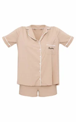 PRETTYLITTLETHING Sand Embroidered Jersey Piping Detail Short PJ Set